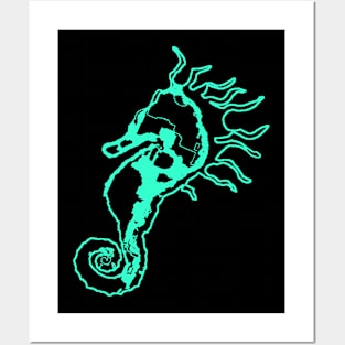 Sleepy Seahorse Aqua/Black Posters and Art